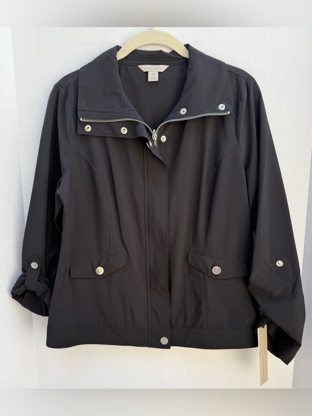 Laura Ashley Black Utility Jacket, Zip & Snap Front, Lightweight, Petite M, NWT